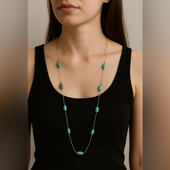 Vintage Sterling Silver Turquoise Nugget Station Necklace 27” Opera Length, 925 - Picture 1 of 10